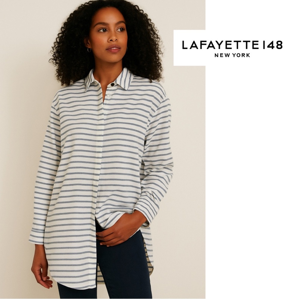 Lafayette 148 New York Button Down White Blue Stripe Tunic Small S Cotton Linen